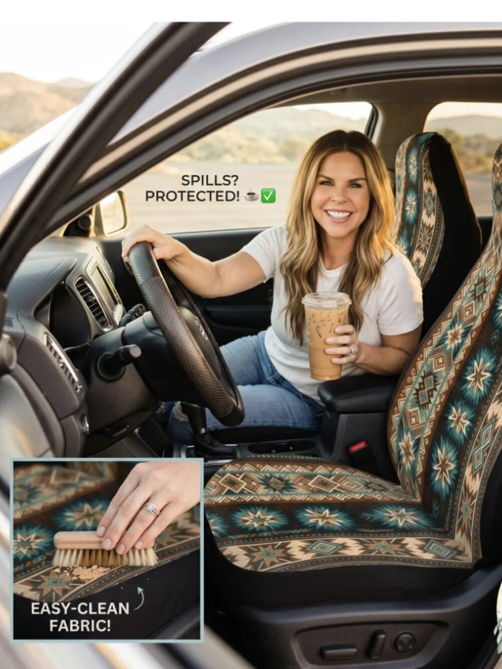 🚗✨ Southwestern Star Plush Car Seat Covers – Teal & Brown